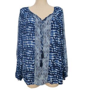 Faded Glory Blue Tie Dye Peasant Tunic Top Womens XL Boho Flowy Hippie